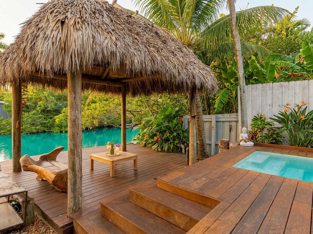 Tiki hut and jacuzzi over the canal
